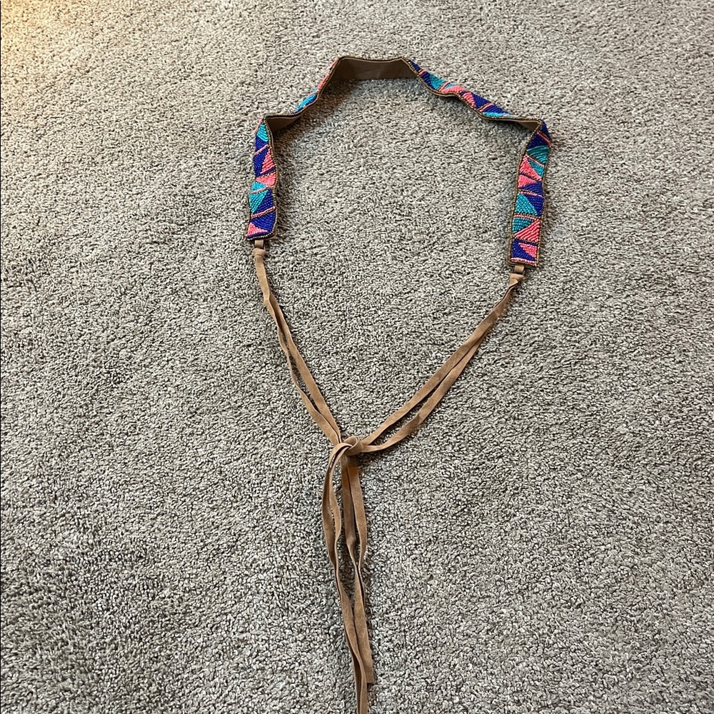 Vegan Leather Vibrant Turquoise Navy Coral and Bronze Beaded tie belt 64 inches - Picture 4 of 16